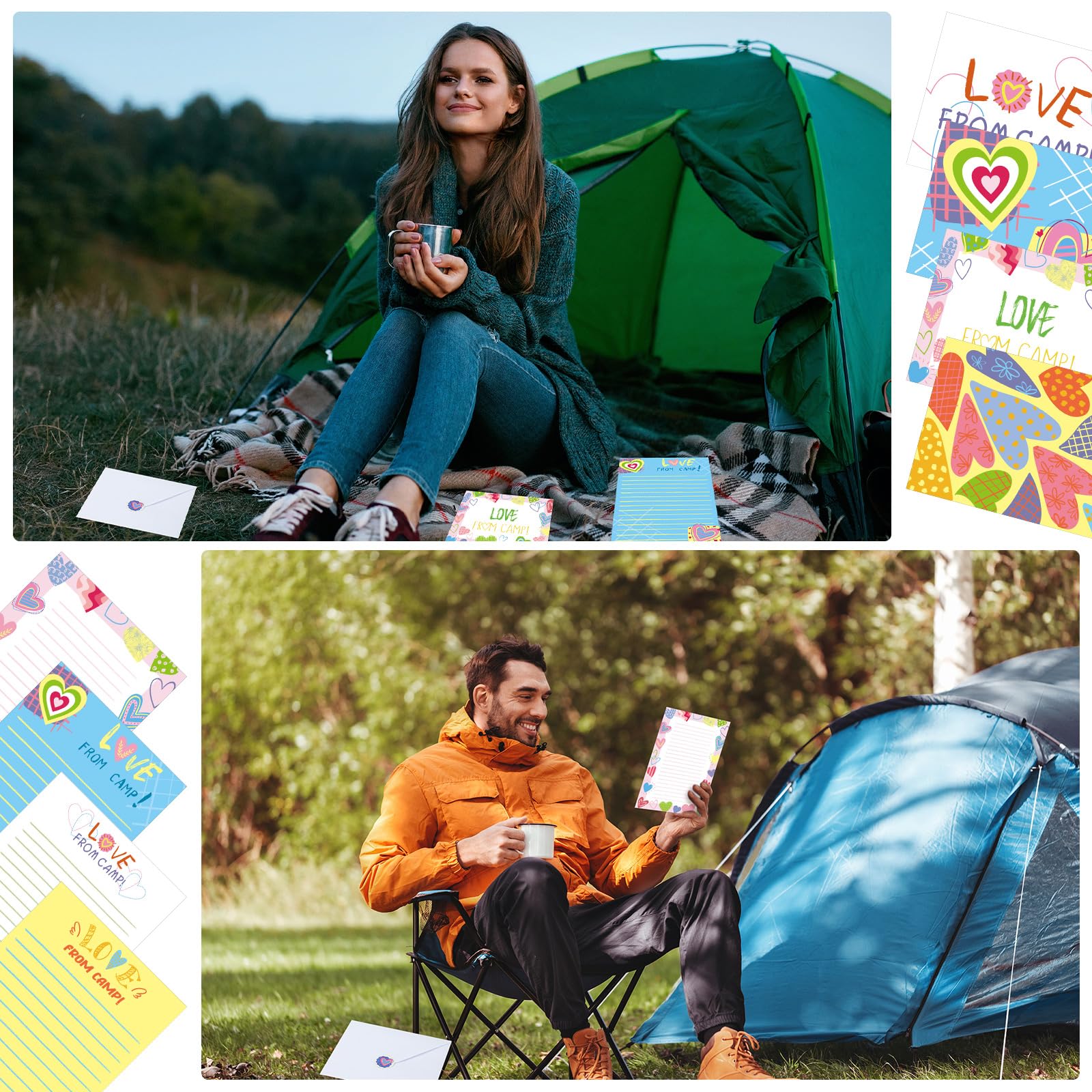 Motipuns El juego de 61 piezas de papelería de corazones de campamento incluye 20 hojas de notas con líneas, 20 sobres, 20 calcomanías y un bolígrafo para fiestas de cumpleaños, campamento,
