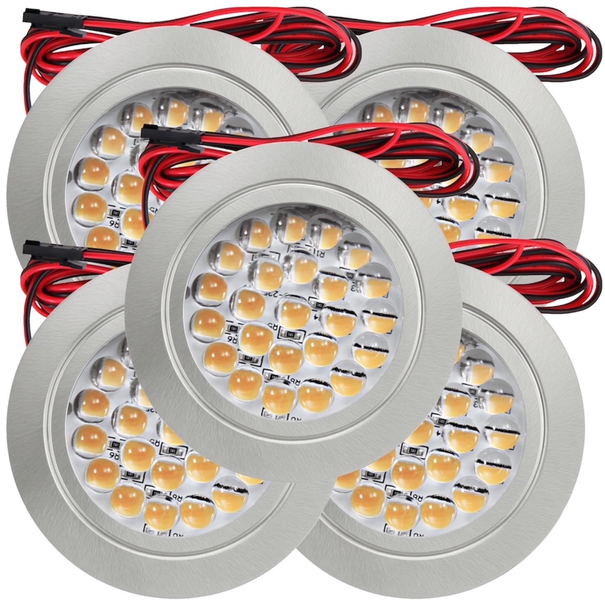 12V Möbeleinbauleuchte LED flach 5 x 2,4W Einbaustrahler Leonie inkl. Kabel mit Mini Stecker 3000K Neutralweiß Lochausschnitt: 58 bis 60mm