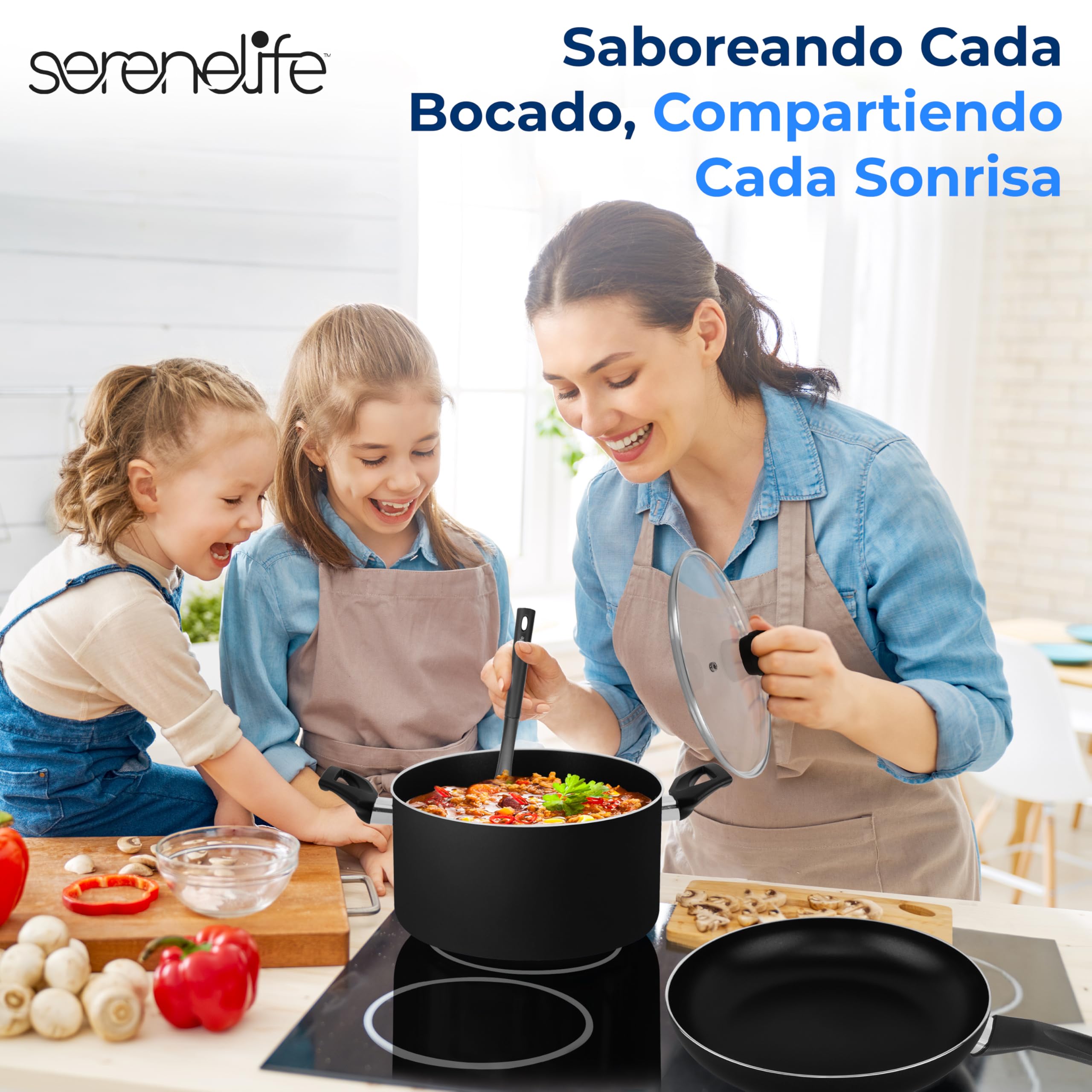 SereneLife bateria de cocina, Antiadherentes, 15 piezas, Resistentes al calor, Sartenes y ollas con tapas, Incluye utensilios
