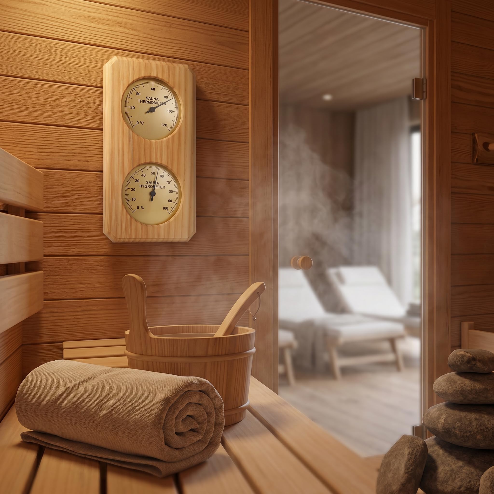 Termometr Sauna, Drewniany, Wysoka dokładność, Montowany na ścianie, od 0 do 100 Procent Wilgotności, od 0 do 120 Celsjusza Monitorowanie w Czasie Rzeczywistym, Drewno Sosny,