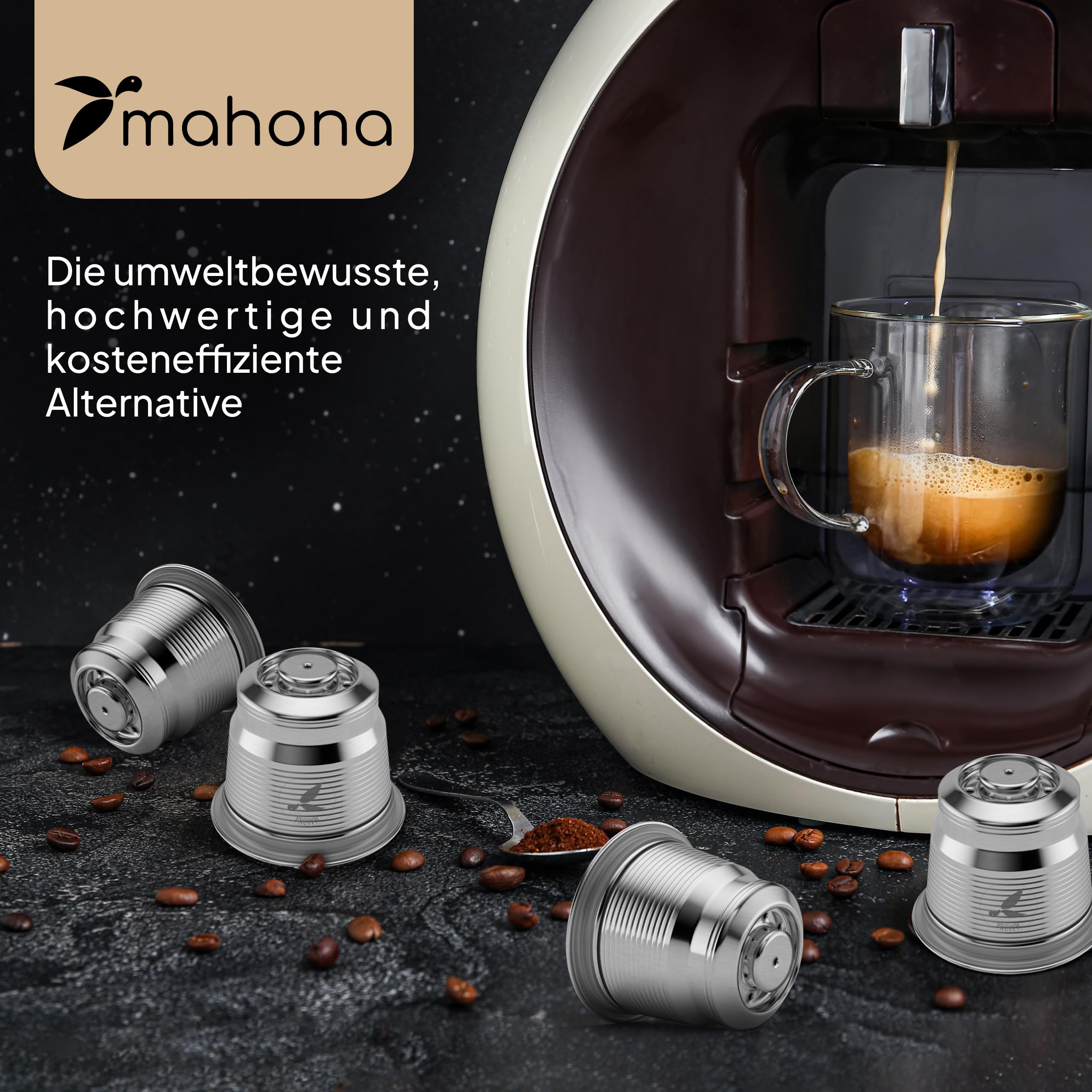 mahona Kaffeekapsel wiederbefüllbar Edelstahl kompatibel mit Nespresso | Wiederverwendbare Refill Kapseln nachfüllbar, Zero Waste statt Alu, spülmaschinenfest, mit Dosierlöffel und Dichtungsring