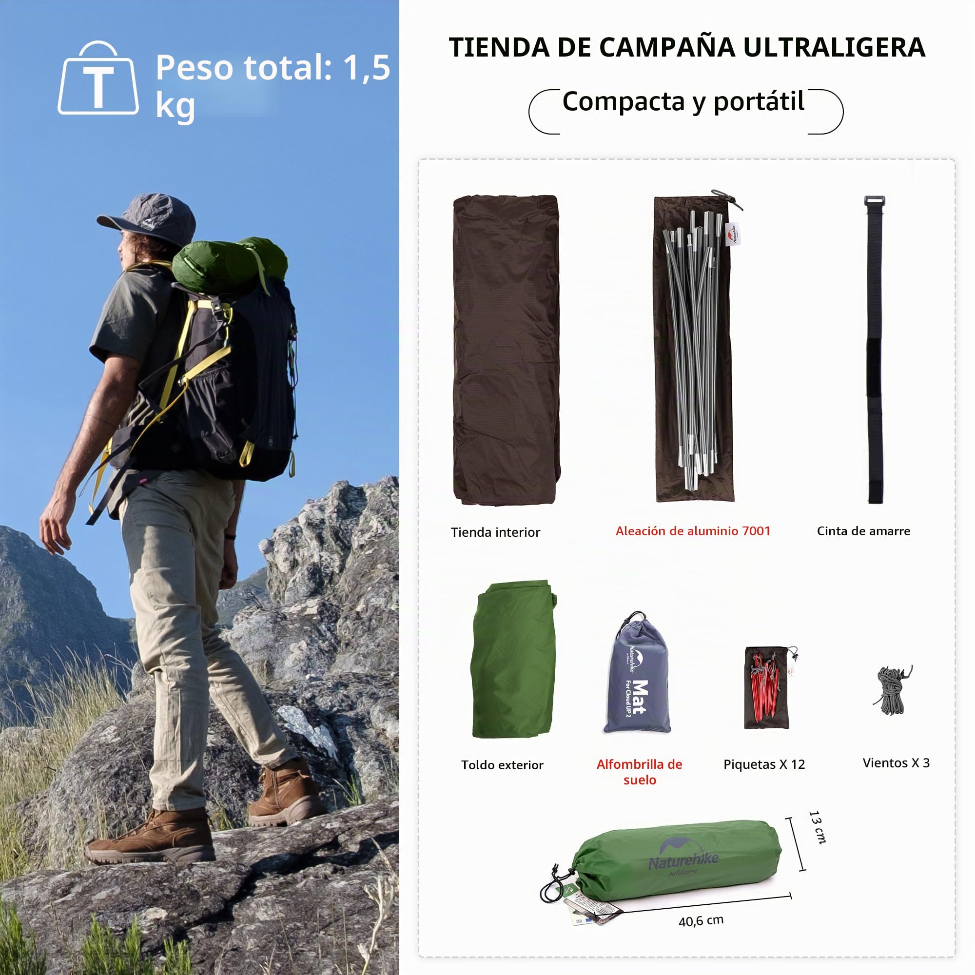 Naturehike Cloud up 1 Persona Carpa para Mochileros para Carpa de Cúpula Ligera para Acampar y Senderismo para 1 Hombre (Bosque Verde 20D)