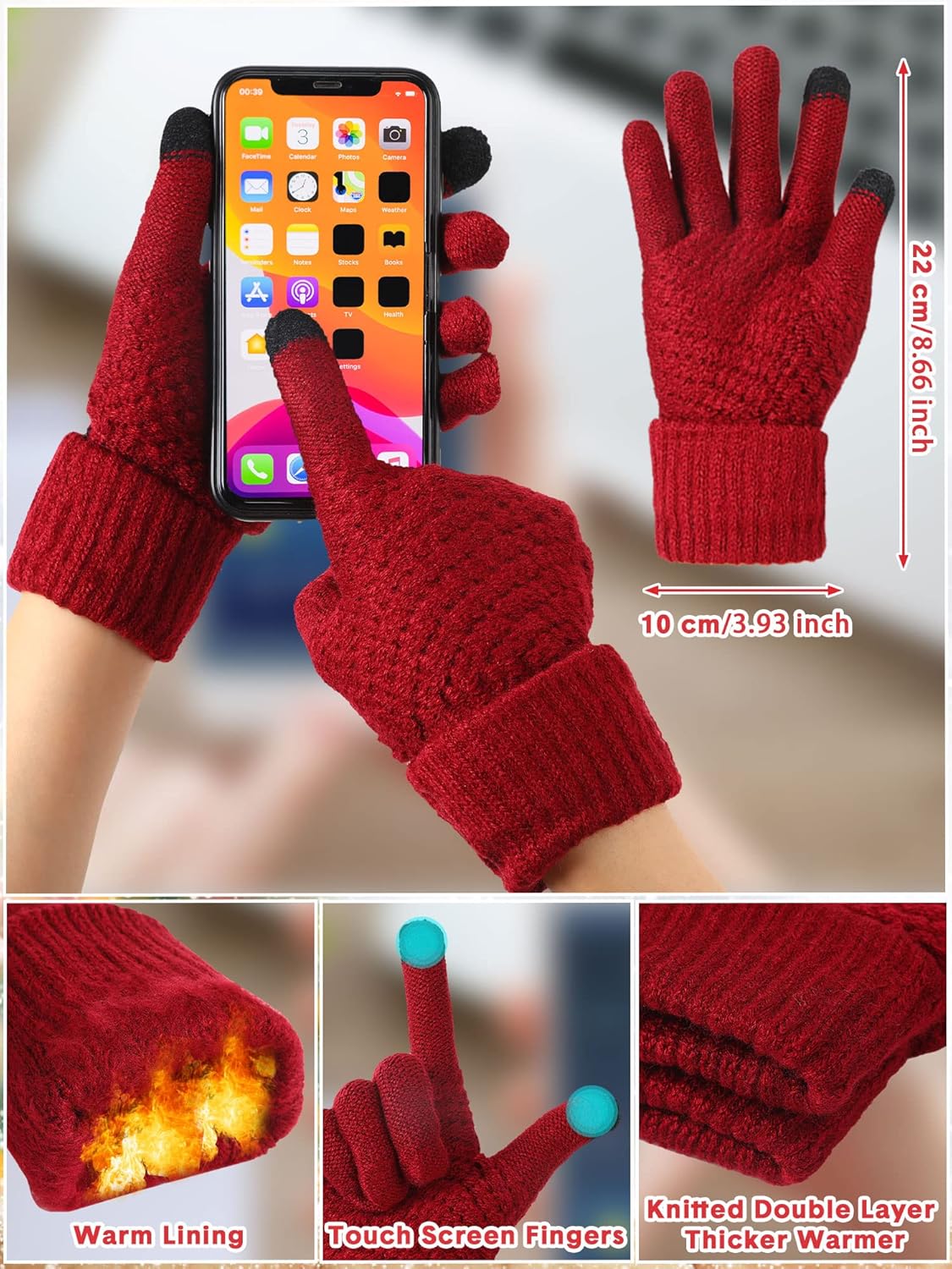 6 Pcs Christmas Winter Warm Knitted Set Buffalo Plaid Hats Scarf Touch Screen Gloves for Women Men Christmas Soft Beanie Fleece Hat Scarf, Black Red, Black White - Image 3