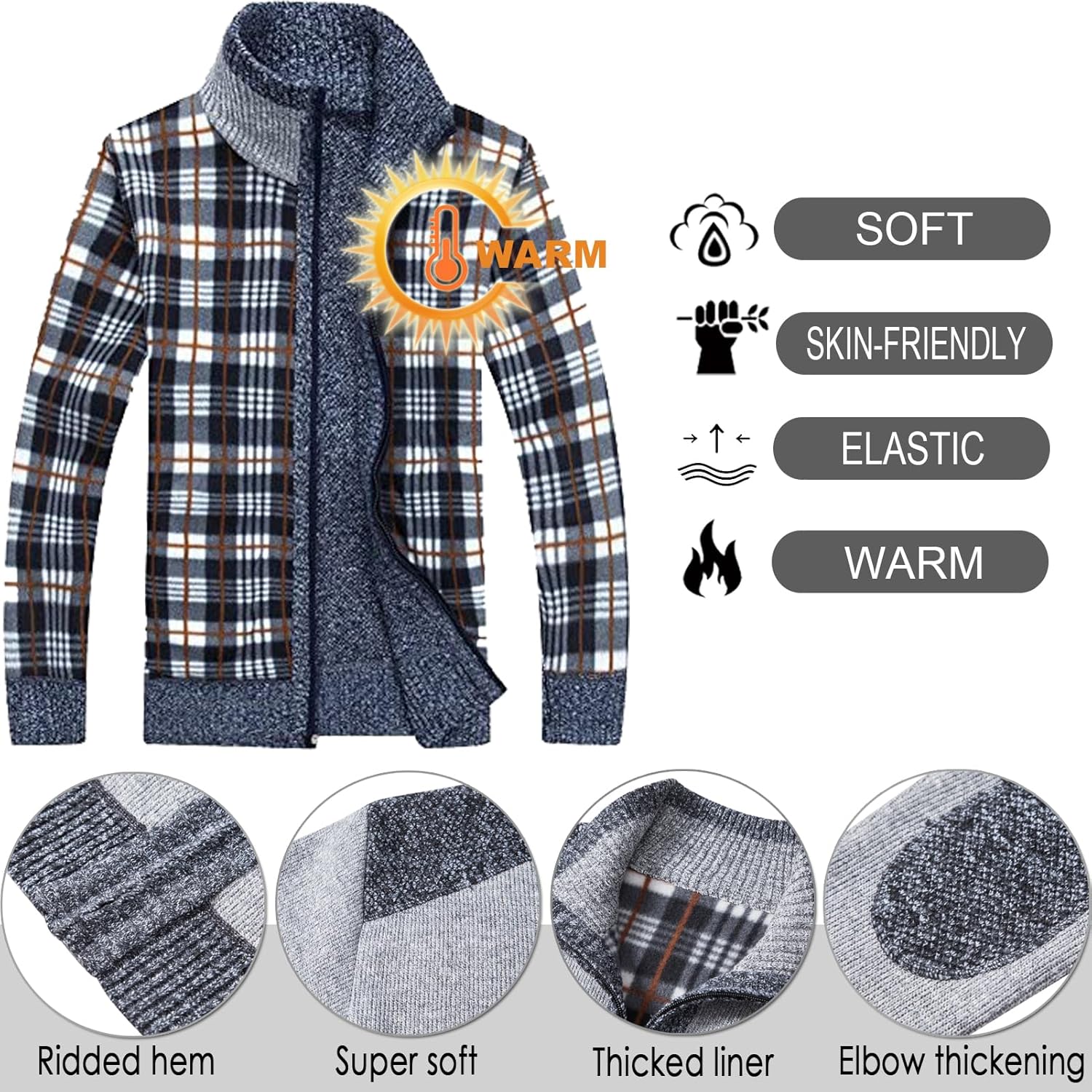 XinYangNi Men's Casual Full Zip Slim Thick Knitted Cardigan Sweaters with Pockets - Image 3