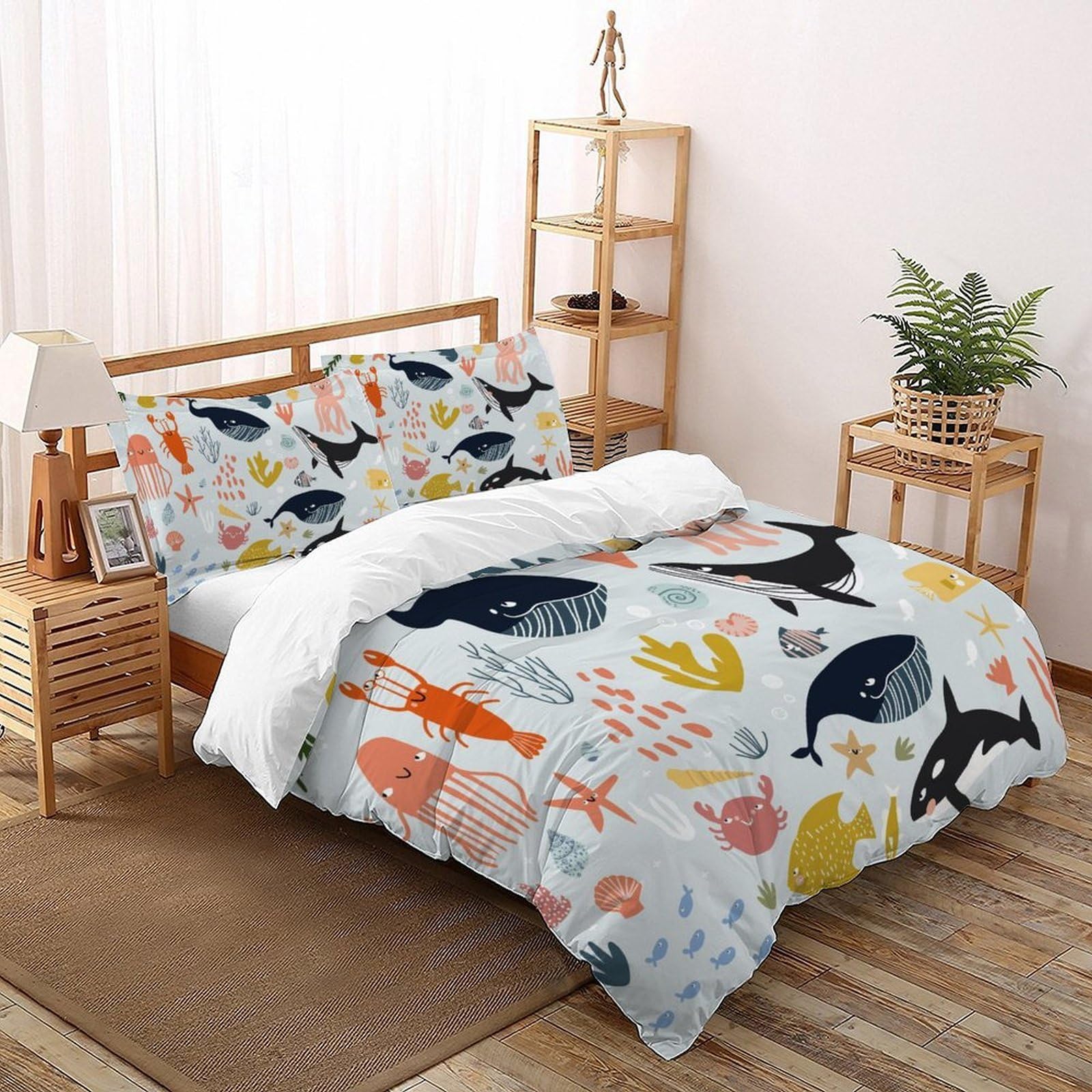 Housse de couette 200x200cm baleine pieuvre parure de lit animal 3 pièces