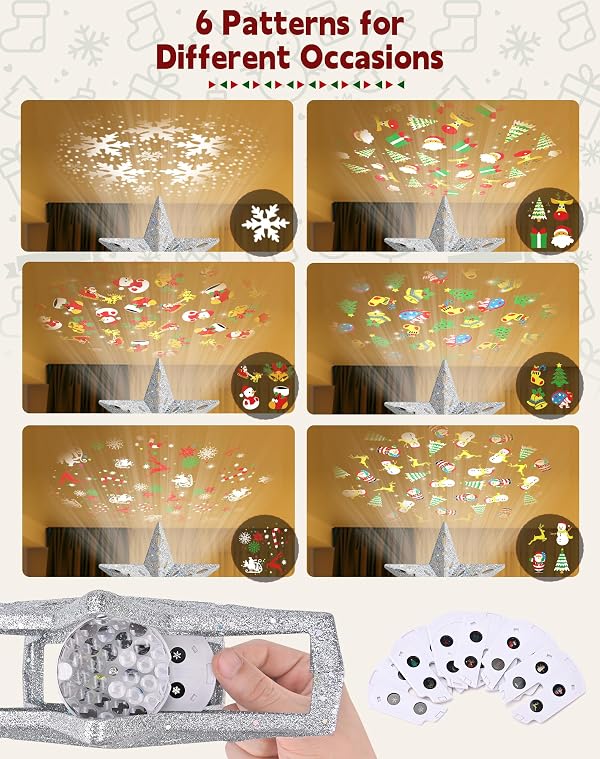 Christmas Tree Topper with 32.8FT Color Light Cord and 6 Projection Modes, Christmas Star Tree Topper Built-in LED Rotating Projector Lights, 3D Glitter Christmas Tree Decorations (Silver) by Sunvigor - Image 5