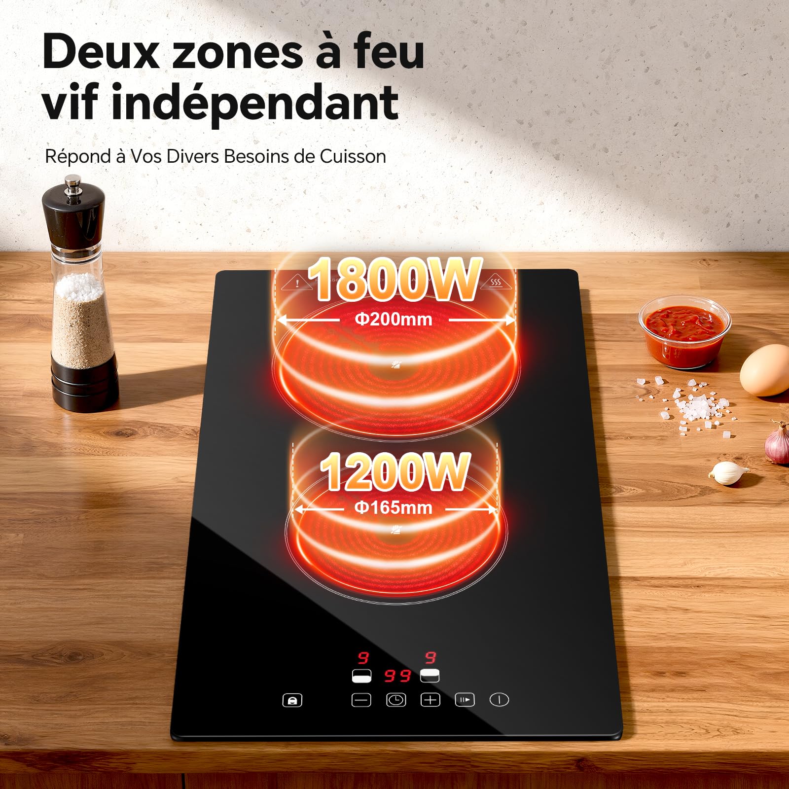 Plaque Vitrocéramique 2 Feux, Plaque de Cuisson Electrique 30cm, Encastrable Table de Cuisson Vitrocéramique, Commande Tactile, 3000W, 9 Niveaux de Puissance, Arrêt Automatique, Pour Toutes Les PoêLes - 3