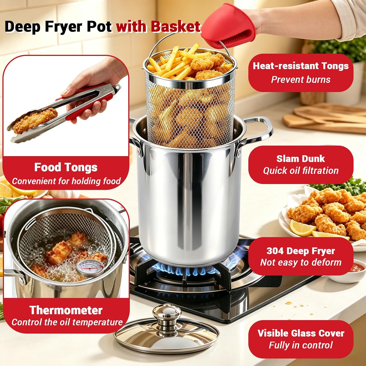 304 Deep Fryer Pot, 4.5L Deep Fryer Pot with Fry Basket