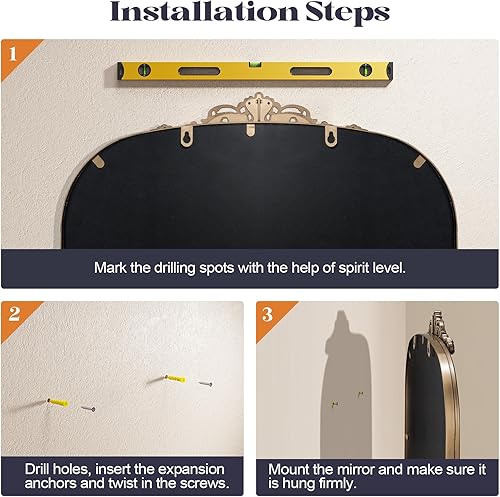 Miniatura 6 de Espejo vintage dorado, espejo antiguo de oro arqueado de 24 x 36 pulgadas para repisa de chimenea, espejos de baño de latón barroco para pared con