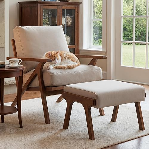 Miniatura 37 de Silla decorativa moderna de mediados de siglo con otomana, juego de sillón tapizado de lino de granja y otomano, silla de descanso retro de 23