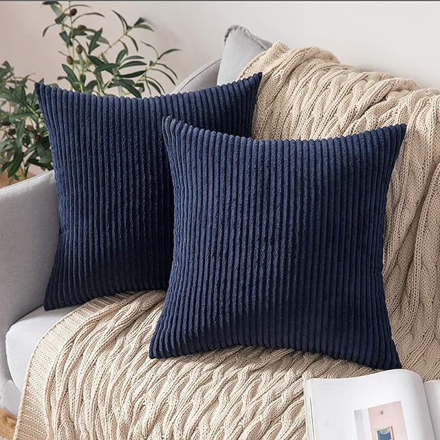 MIULEE Set of 2 Striped Corduroy Square Throw Pillow Case Soft Cushion Covers Sham Home for Sofa Couch/Bedroom Decorative Fluffy Large Pillowcases 18x18 Inch 45x45cm Midnight Blue