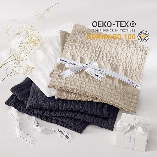 Miniatura 7 de Bedsure Bed in a Bag Queen - Juego de edredón Queen de 7 piezas, juego de ropa de cama de sirsaca a rayas, edredón alternativo suave y ligero