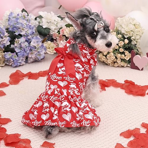 Miniatura 11 de CuteBone - Vestido de terciopelo para perro, cuello alto, falda de cachorro de búfalo rojo, traje de mascota, ropa de gato con lazo para el pelo