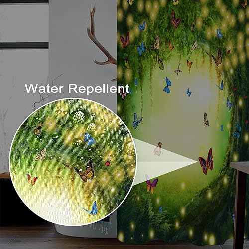 Miniatura 3 de Uiiooazy Cortina de ducha de primavera para baño, diseño de mariposas azules, sol, juego de cortina de tela impermeable para bañera, hojas de árbol