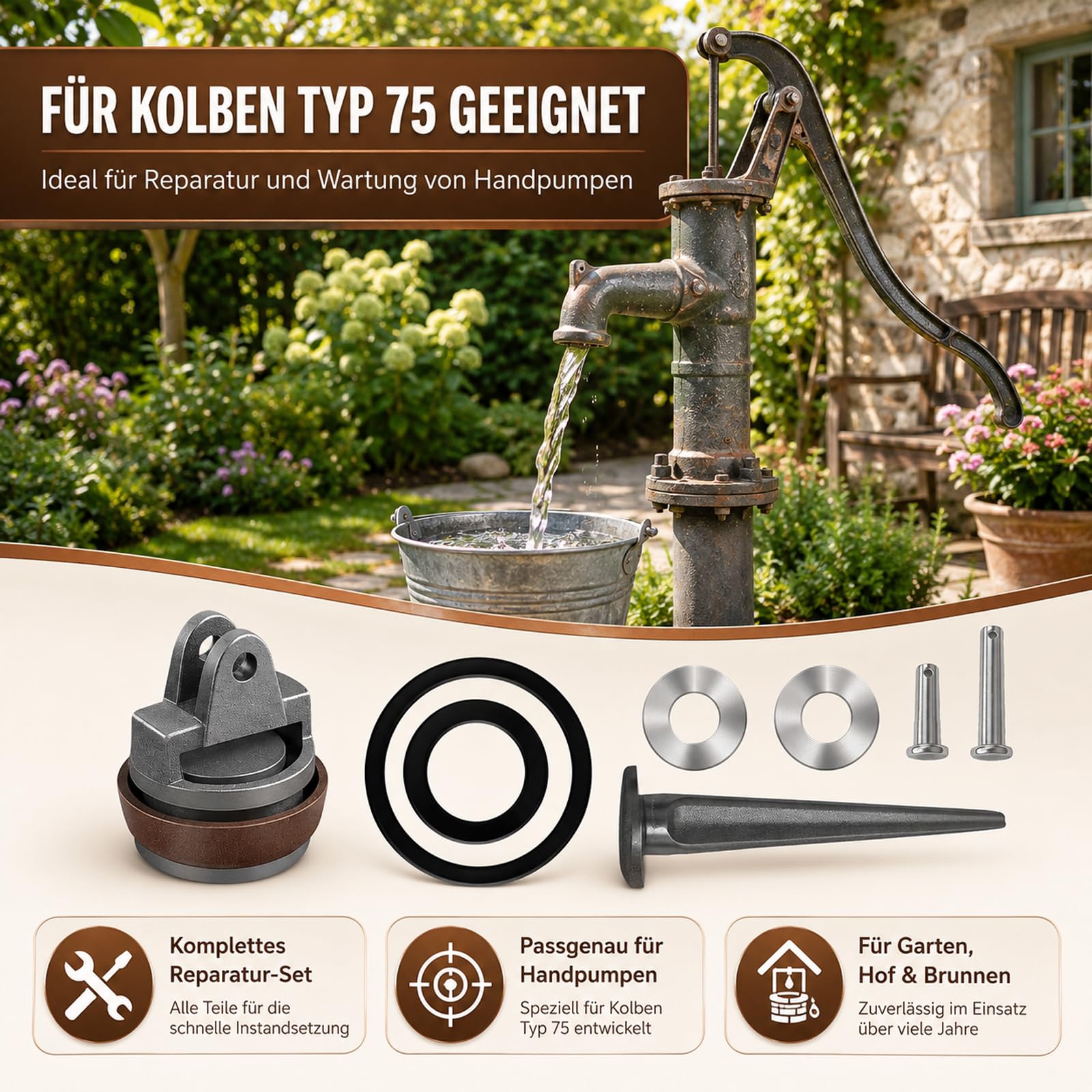 Ersatzteile für Schwengelpumpe Typ 75, Handschwengelpumpe Ersatzteile mit Ledermanschette Dichtungsring Nasenstechventil Bolzen Satz Kolben Komplett 