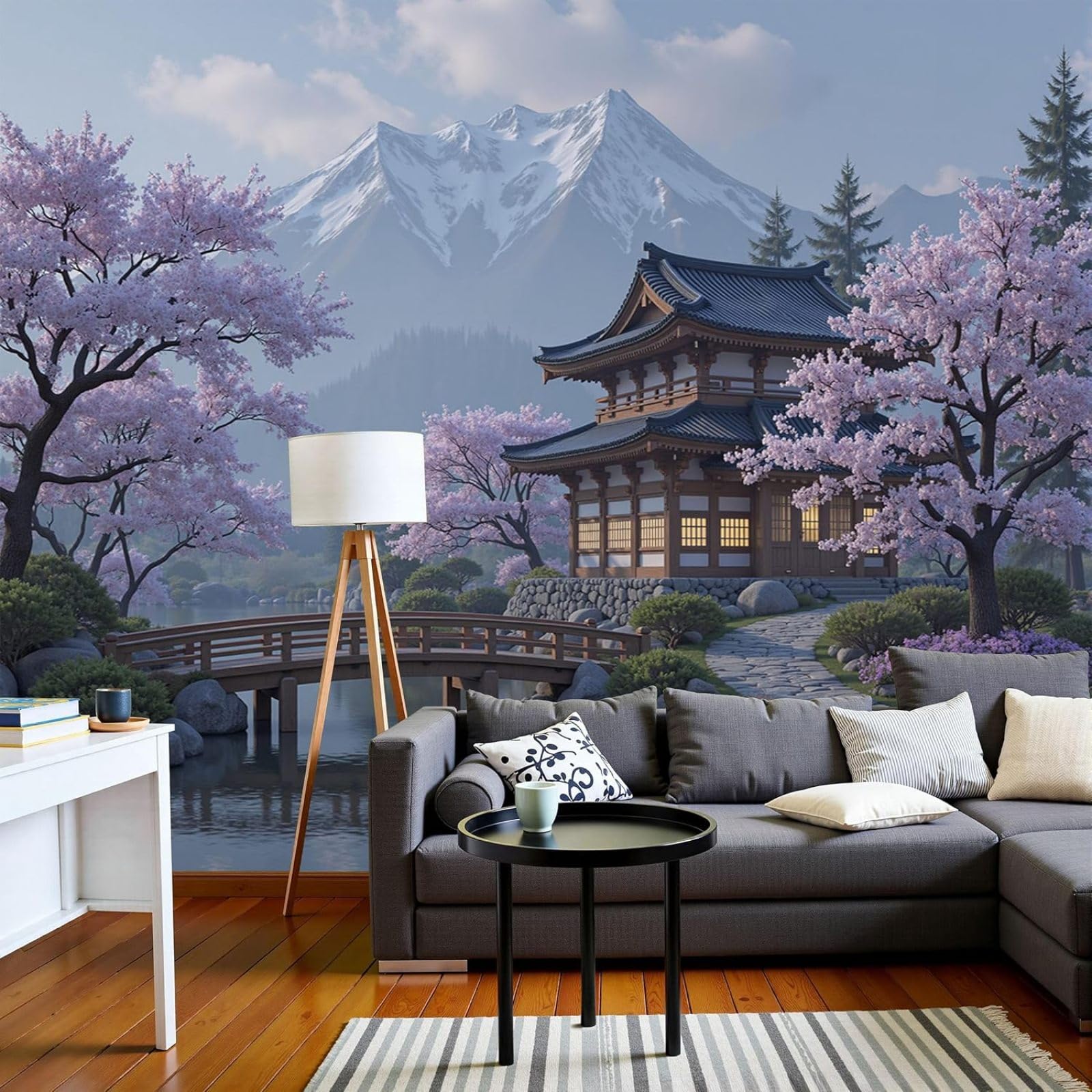 3D Effect Photo Wallpaper Japanese Garden Non-woven Poster Snow-Covered Mountains Non-woven Wallpaper Pink Living Room Bedroom Picture Wallpaper, 250cm x 175cm Stickers - Frameless Painting - Poster