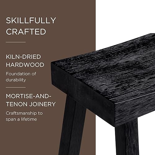 Miniatura 5 de Maven Lane Vincent 26 Inch Tall Counter Height Backless Rectangular Saddle Barstool in Antiqued Black Finish with Rustic Wood Top Seat, Set of 3