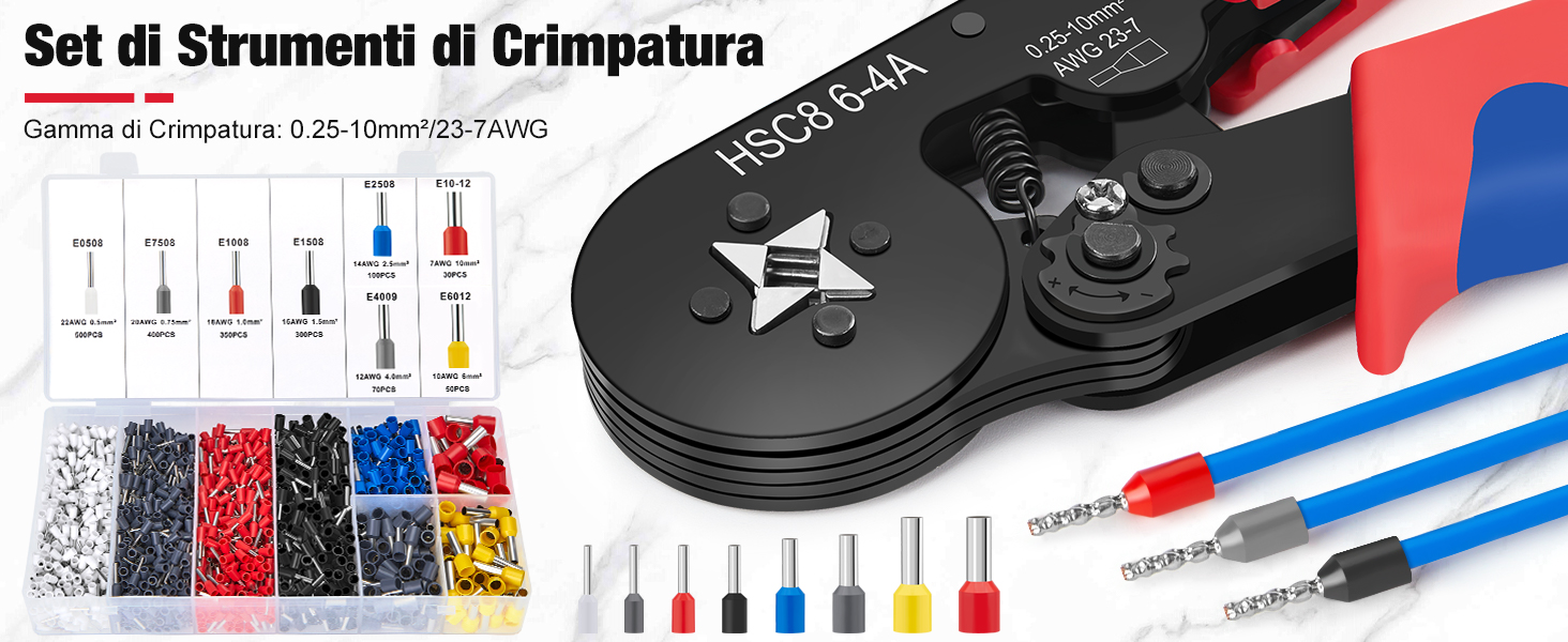 Pinza Per Crimpare Terminali Elettrici - Set Con 1800 Connettori, Per Cavi 0.25-10 Mm² - Foto 7