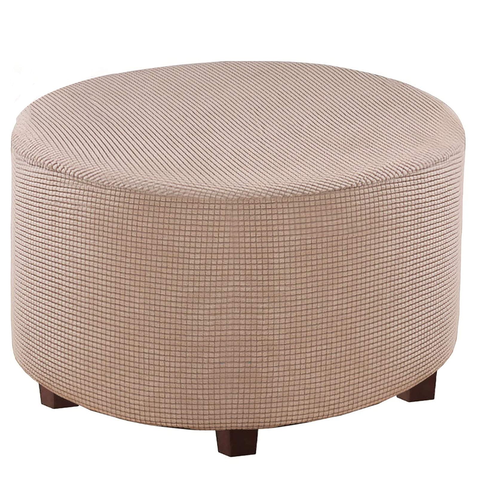 JHLD Round Stretch Ottoman Cover, Thickened Plaid Spandex Ottoman Slipcover Removable Pedal Protective Cover For Living Room-Khaki-Large