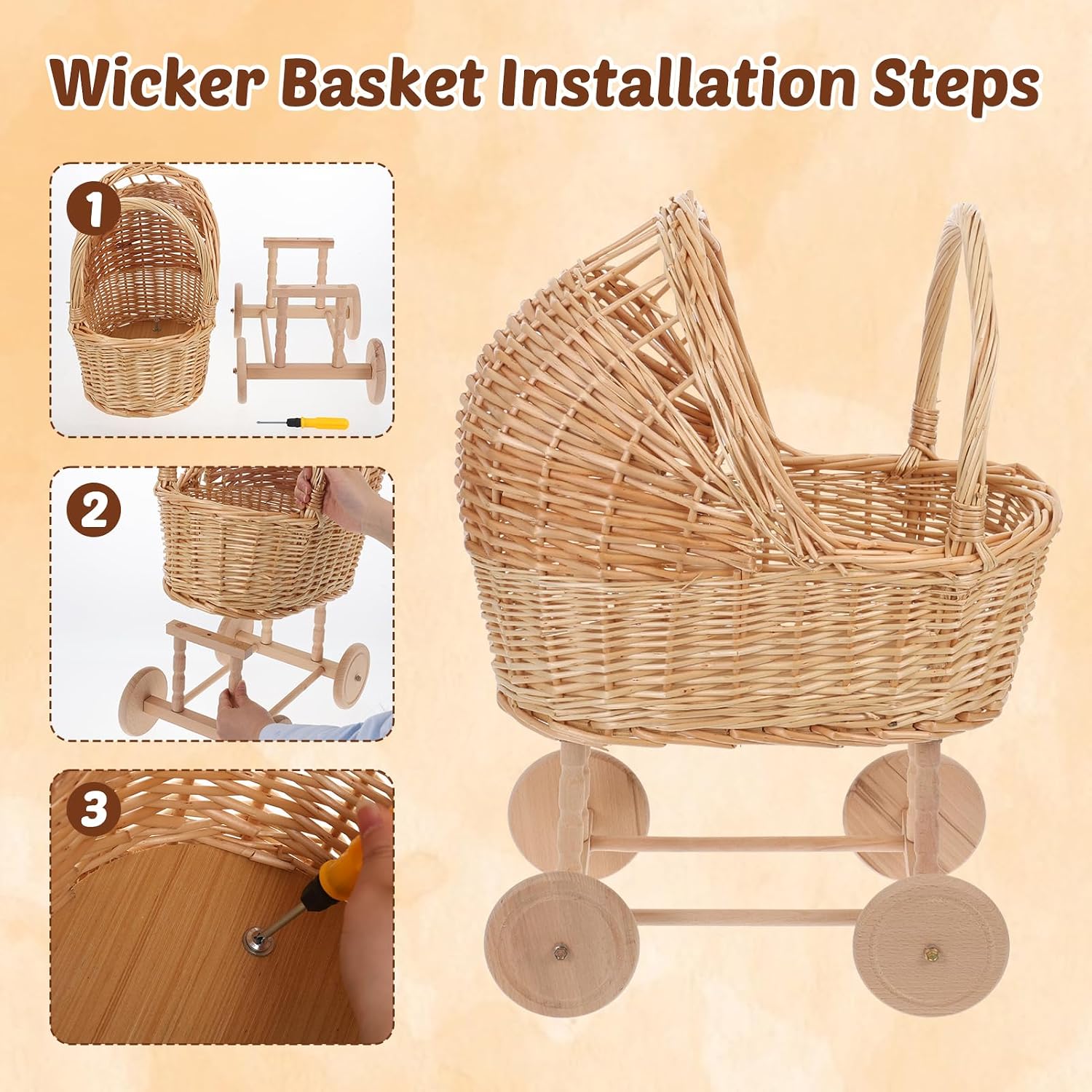 Large Wicker Flower Girl Basket with Handle Vintage Wicker Baby Carriage for Baby Shower Decorative Woven Rattan Stroller Shaped Flower Basket for Wedding Floral Arrangement