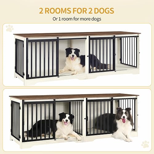 Miniatura 13 de Jaula para perros de 78 pulgadas para 2 perros, jaula doble para perros con divisor, perrera de madera resistente, jaula para mascotas con puerta