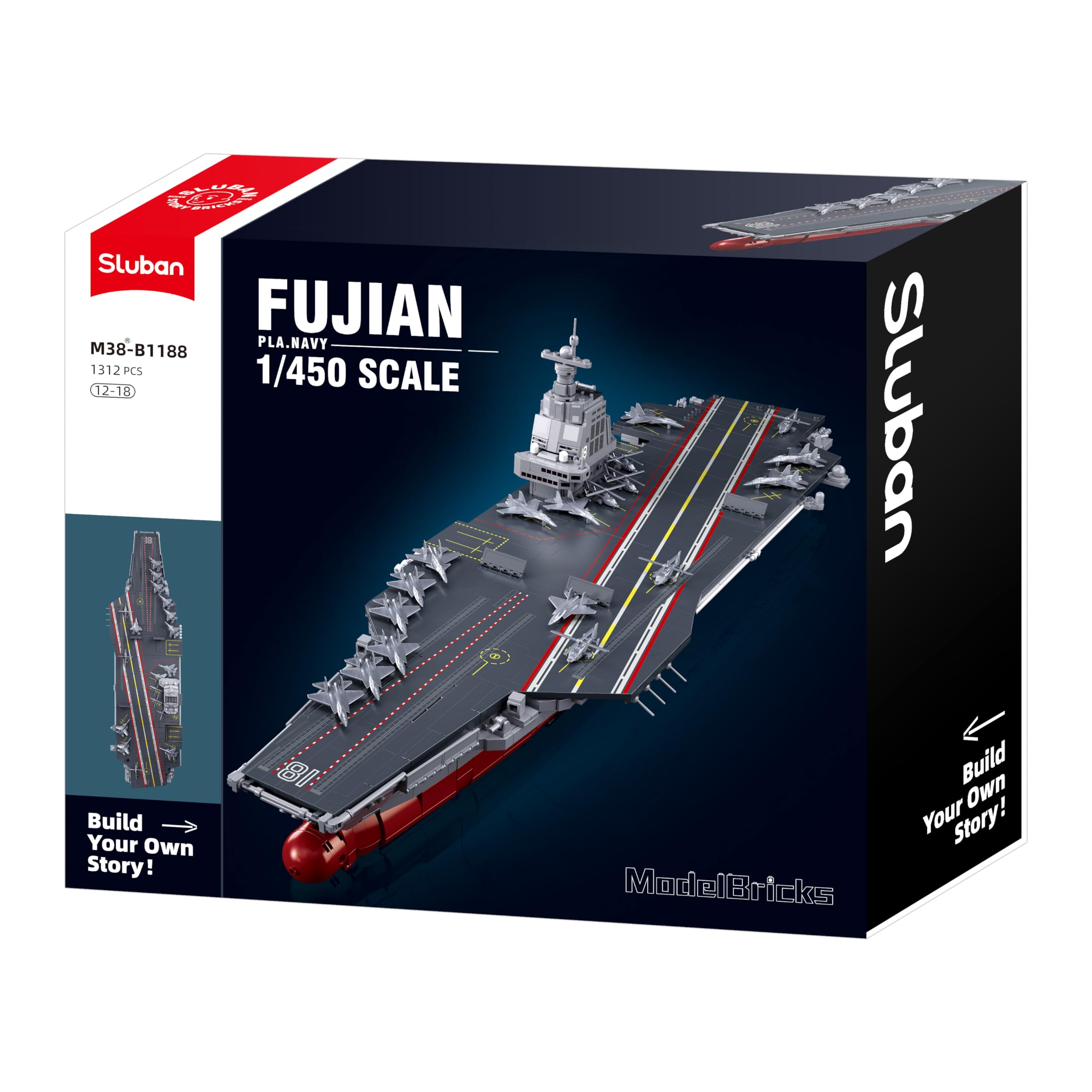 Sluban Fujian M38-B1188 - Set di modelli portaerei, scala 1:450, 1312 pezzi, nave da guerra marina
