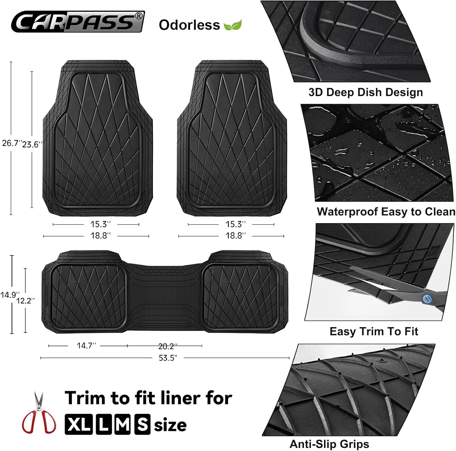 CAR PASS Heavy Duty Rubber Car Floor Mats, Waterproof Universal Trim-to-Fit Car Mats All Weather Floor Mats for SUV Truck Sedan, Premium Auto Floor Mats Full Set 3 Piece Anti-Slip, Solid Pure Black - Image 3