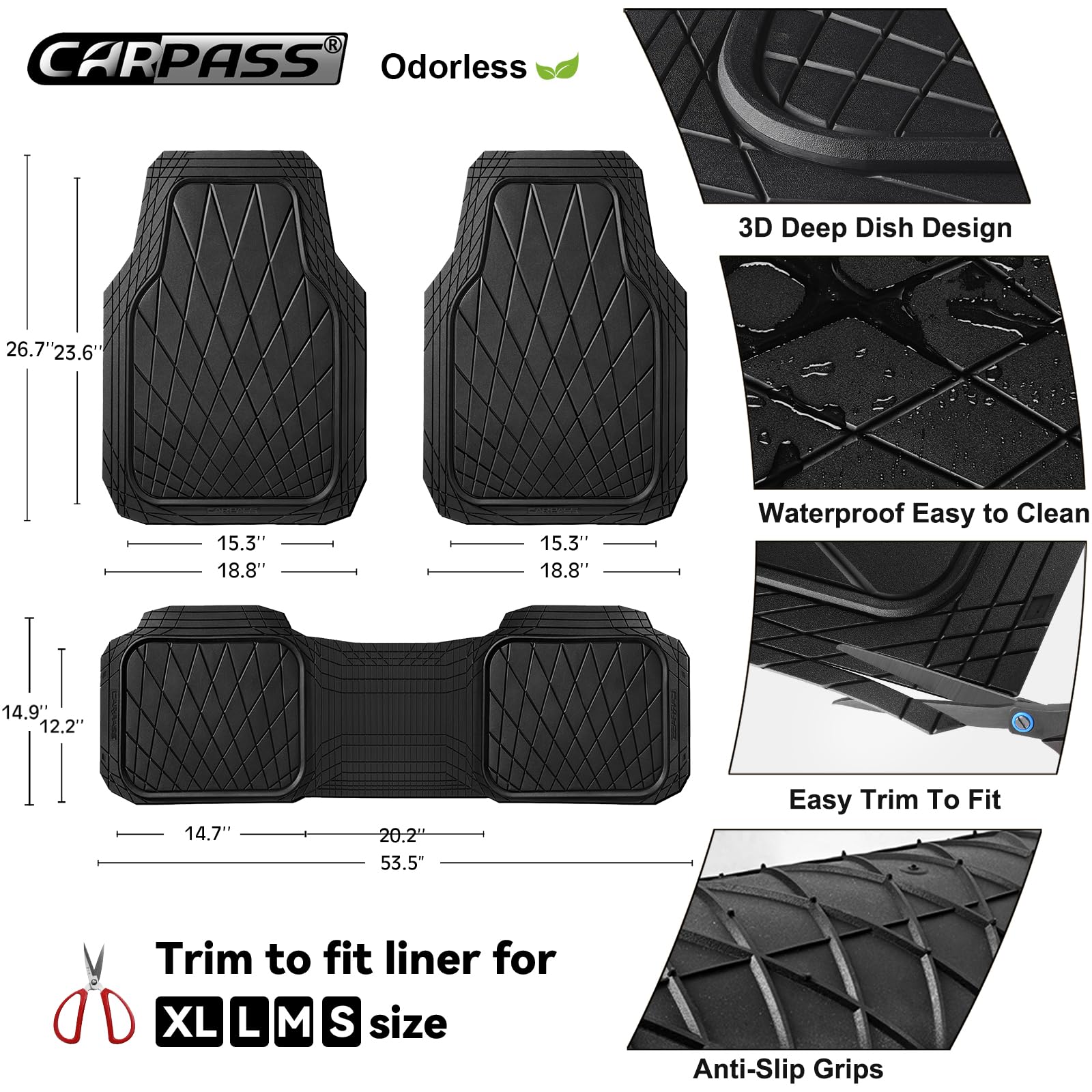 CAR PASS Heavy Duty Rubber Car Floor Mats Waterproof Universal Trim-to-Fit Car Mats All Weather Floor Mats for — view 3