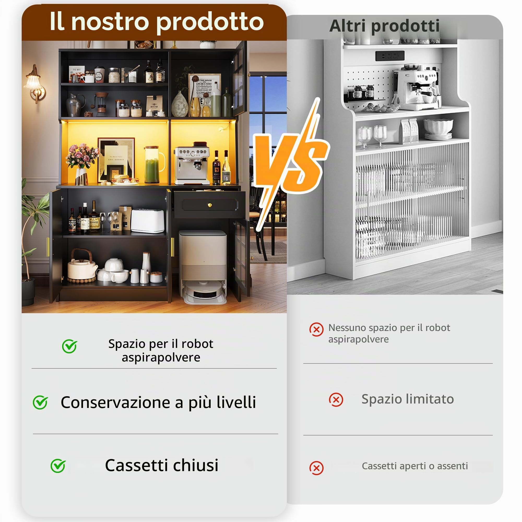 Kebnor Mobile alto da cucina, credenza, armadio da cucina con ante in vetro e illuminazione a LED, nero (130 x 45 x 180 cm)