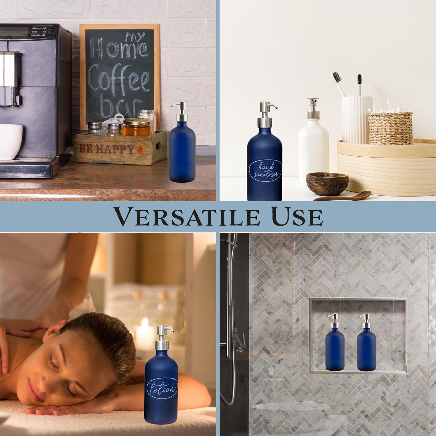 Cornucopia Brands 16oz Glass Pump Bottles (Set of 2, Blue w/Silver; Soap Dispenser Pump Bottles with Brushed Metal Pump Tops - Image 9