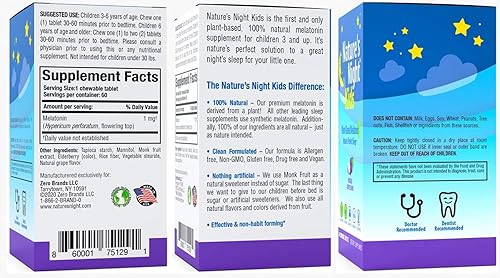 Miniatura 6 de Nature's Night Kids Melatonina a base de plantas de 1 mg  Sabor natural a uva  60 tabletas masticables  Sin gluten  Sin OMG  Sin drogas  Vegano