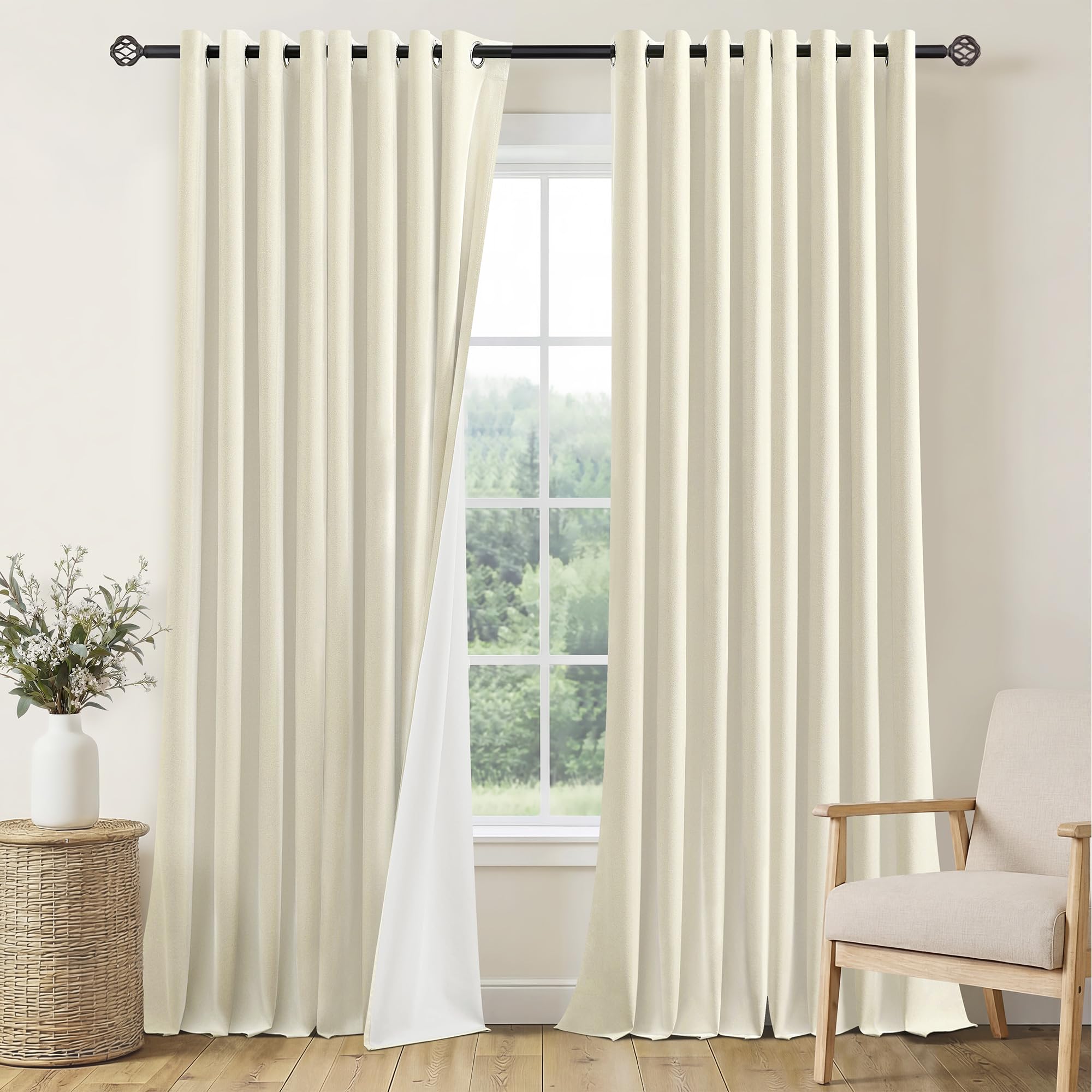 Linen Blackout Curtains 96 Inch Drop 2 Panels Eyelet Thermal Room Darkening Curtains Easy Care Natural Cream White Linen Curtains with Coating Back Layer for Bedroom Window Treatments 52"W x 96"L