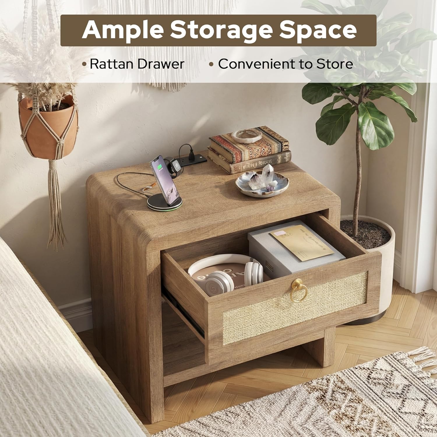 Rattan Nightstand with Charging Station, 20" Wide Boho Night Stand Bedside Table, End Table with Drawer and Storage Shelf, Wood Nightstand for Bedroom, Small Space, Natural Oak