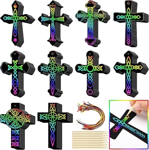 Chivao 80 piezas de adornos de cruz para rascar de Pascua, kit de manualidades de color arcoíris, papel para rascar, regalos cristianos para niños,