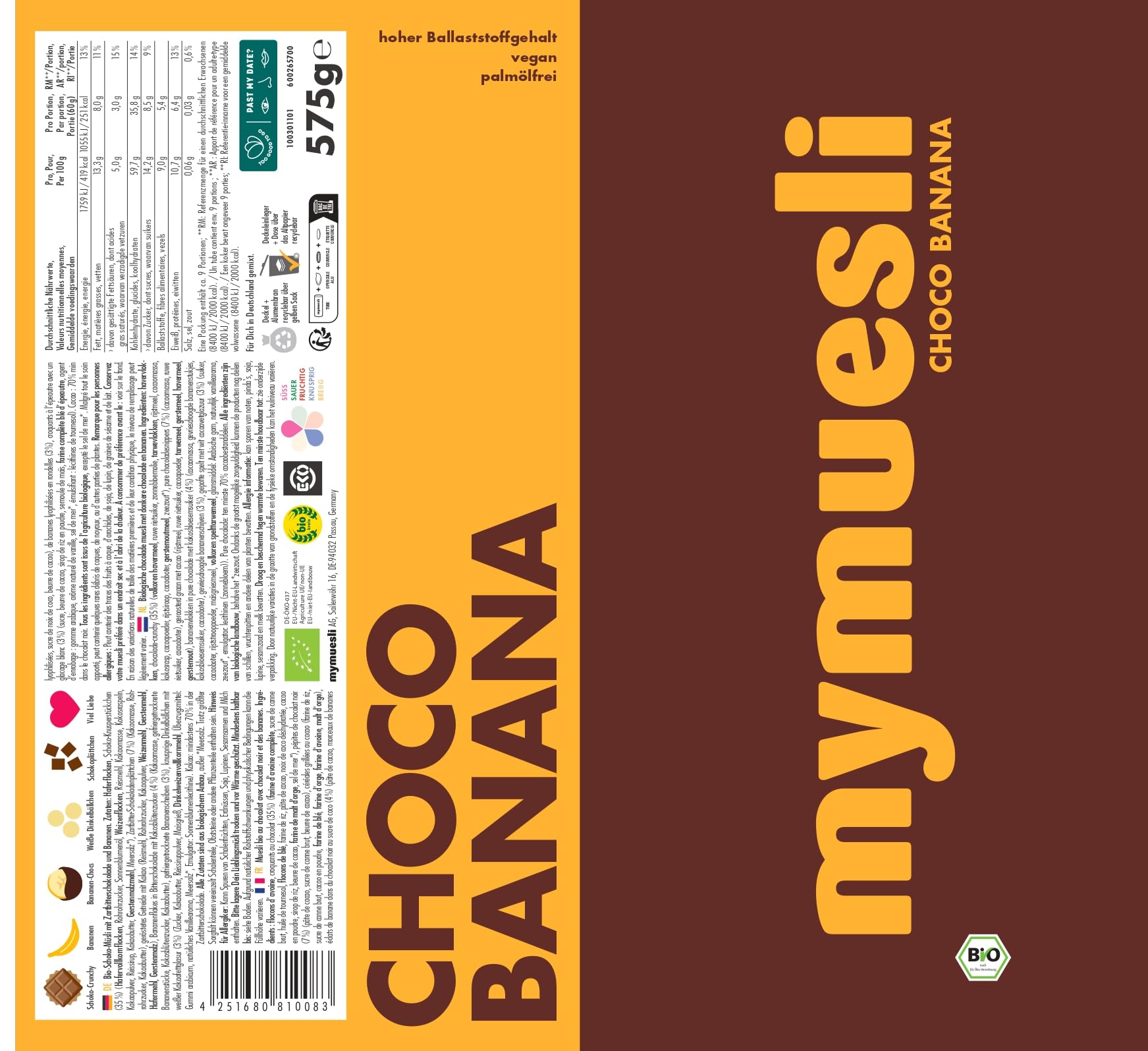 mymuesli 6er Schoko-Mix BIO Müsli (6x 575g) mit Chocolate, Super Choc, Choco Brownie, Choco Banana, Berry White Choc und Raspberry Dark Choc - Ohne Palmöl