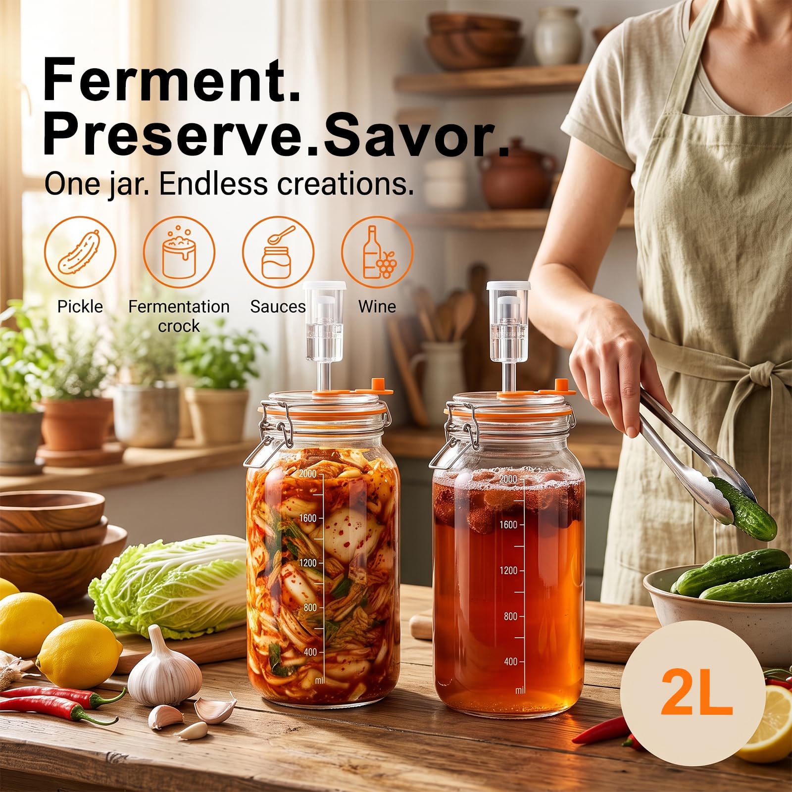 Barattoli per fermentazione da 2 l, 2 pezzi, con fermentazione e peso, contenitore per kimchi, per crauti, kimchi, salsa calda, met, kombucha e sottaceti, con coperchio
