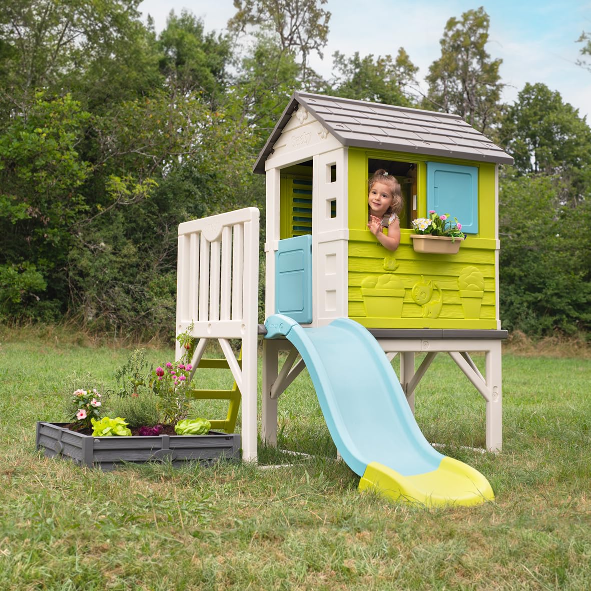 Smoby – Stelzenhaus - Spielhaus mit Rutsche & Sandkasten, mit Fenstern, Tür, Veranda, Leiter, für Jungen und Mädchen ab 2 Jahren