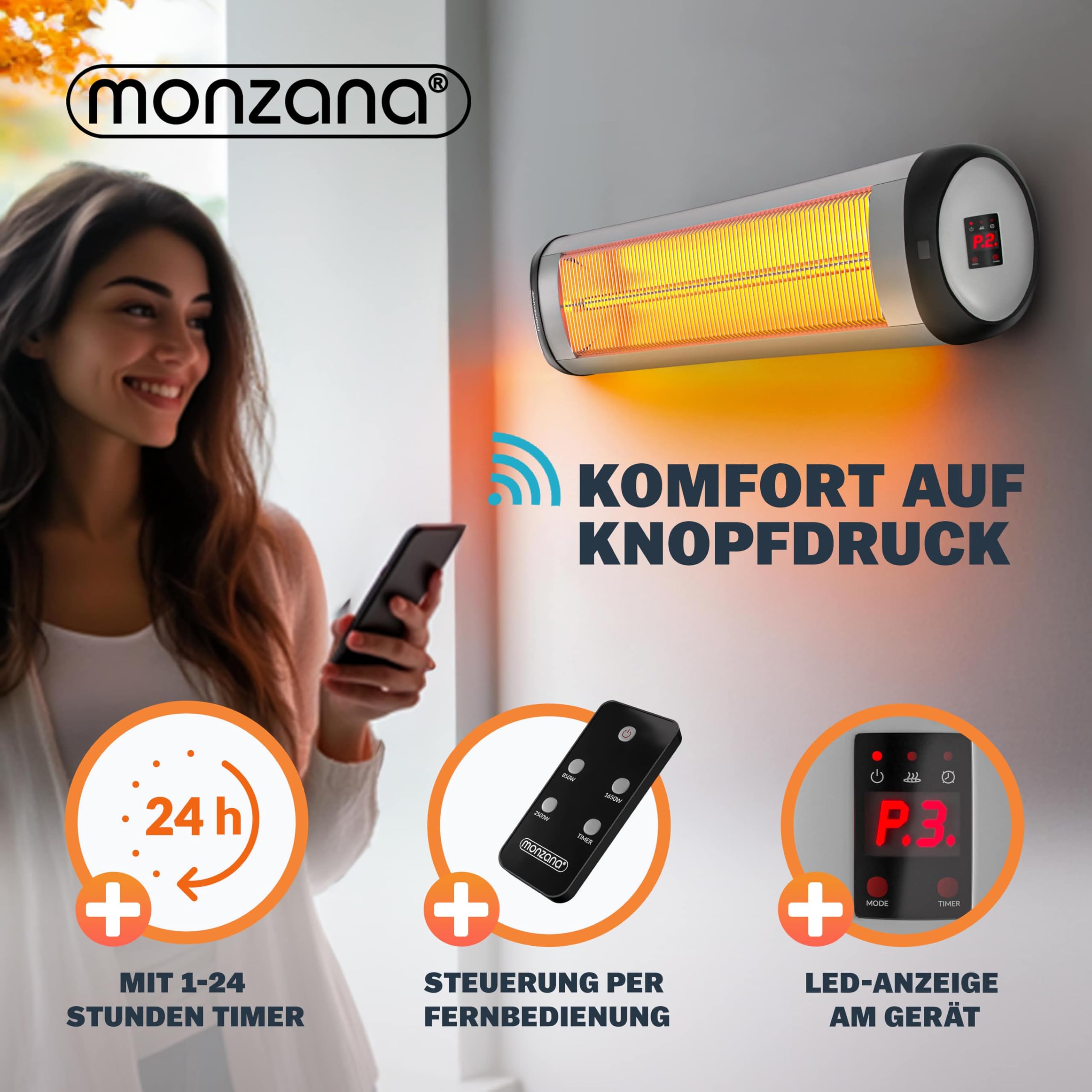 MONZANA® Infrarot Heizstrahler MZH2500 Stativ 110-175cm 2500W 3 Stufen 24h Timer Fernbedienung Wärmestrahler Standheizer Teleskopständer Silber