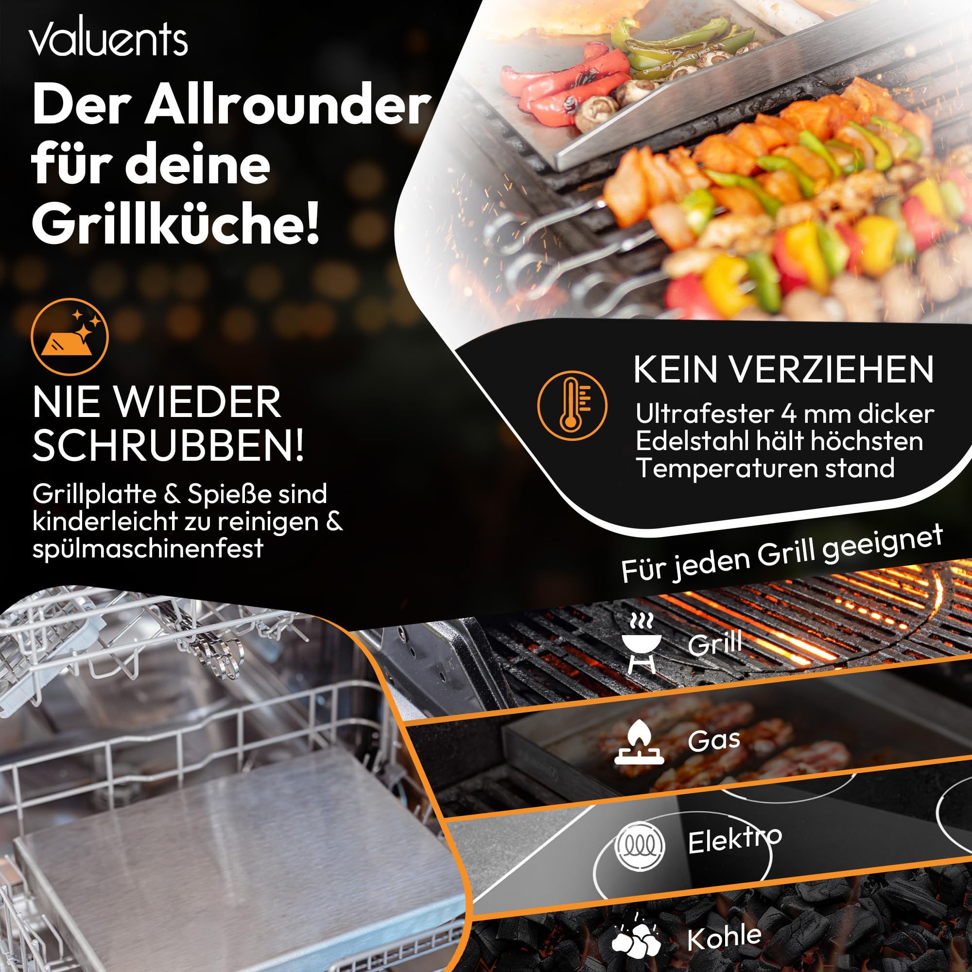 Plancha Grillplatte aus rostfreiem Edelstahl 40x30 cm für Gasgrill & Kohlegrill mit Bürste & Grillspachtel