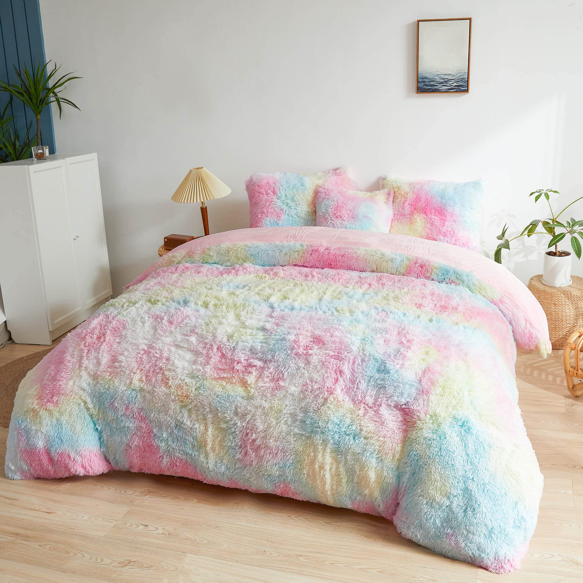 MEGO Rainbow Fluffy Plush Duvet Cover Set, Tie Dye Print Faux Fur Comforter Cover, Soft Multicolor Shaggy Bedding Set for Teens Kids Girls Child, 1