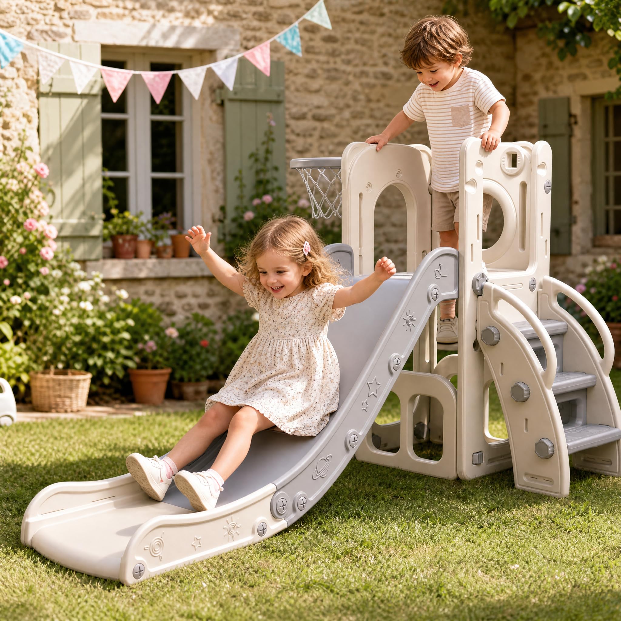 HLC Toboggan Enfants avec Glisse 140cm & Panier de Basketball, Toboggan Exterieur/Interieur Enfant, Jeu Intérieur Extérieur pour Enfants de 1-3 Ans