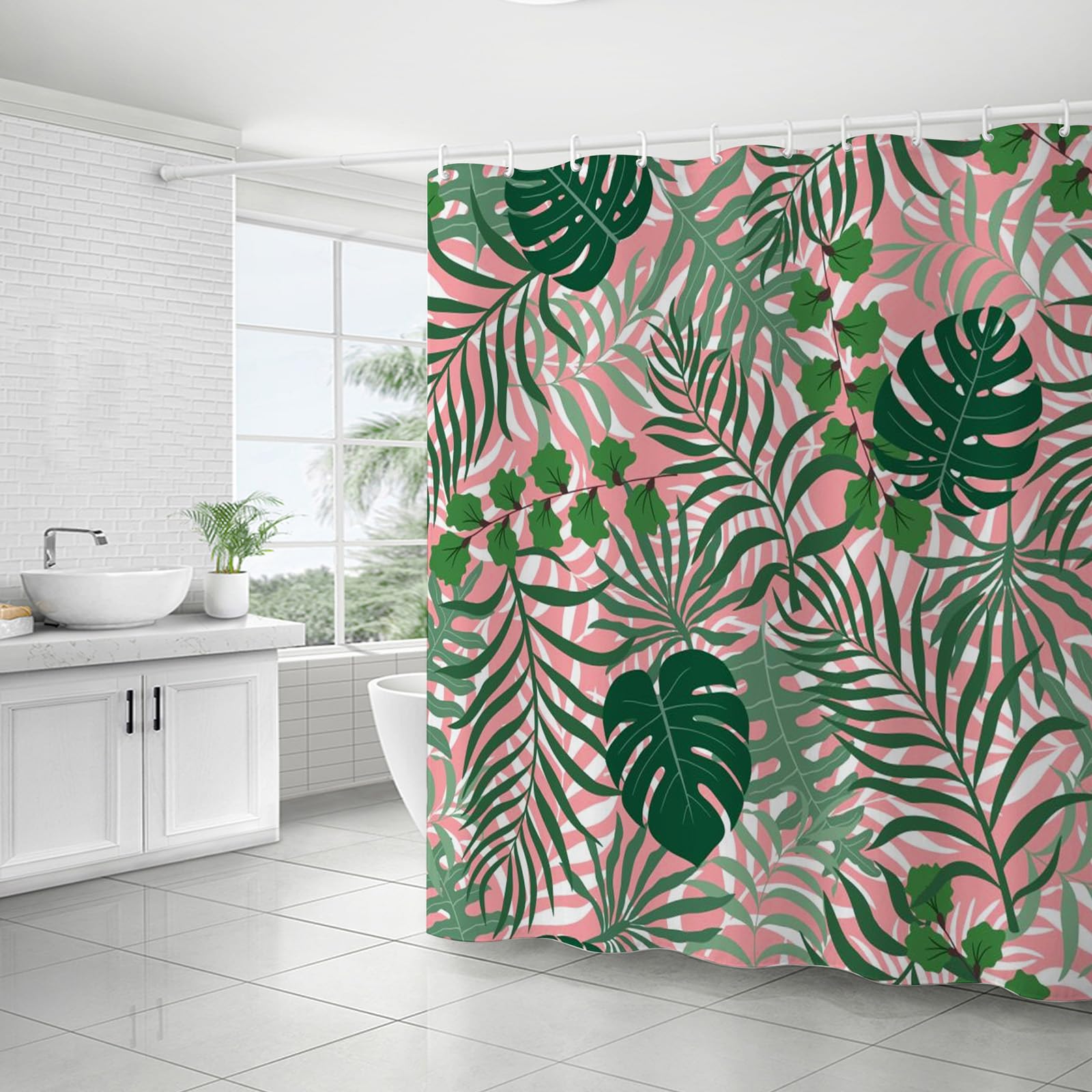 FAIRYGATE Garden Shower Curtain Outdoor Tropical Jungle Rainforest Shower Curtains Green Palms Tree Nature Scenery Polyester Fabric Bathroom Decor 180 x 180 cm B8108