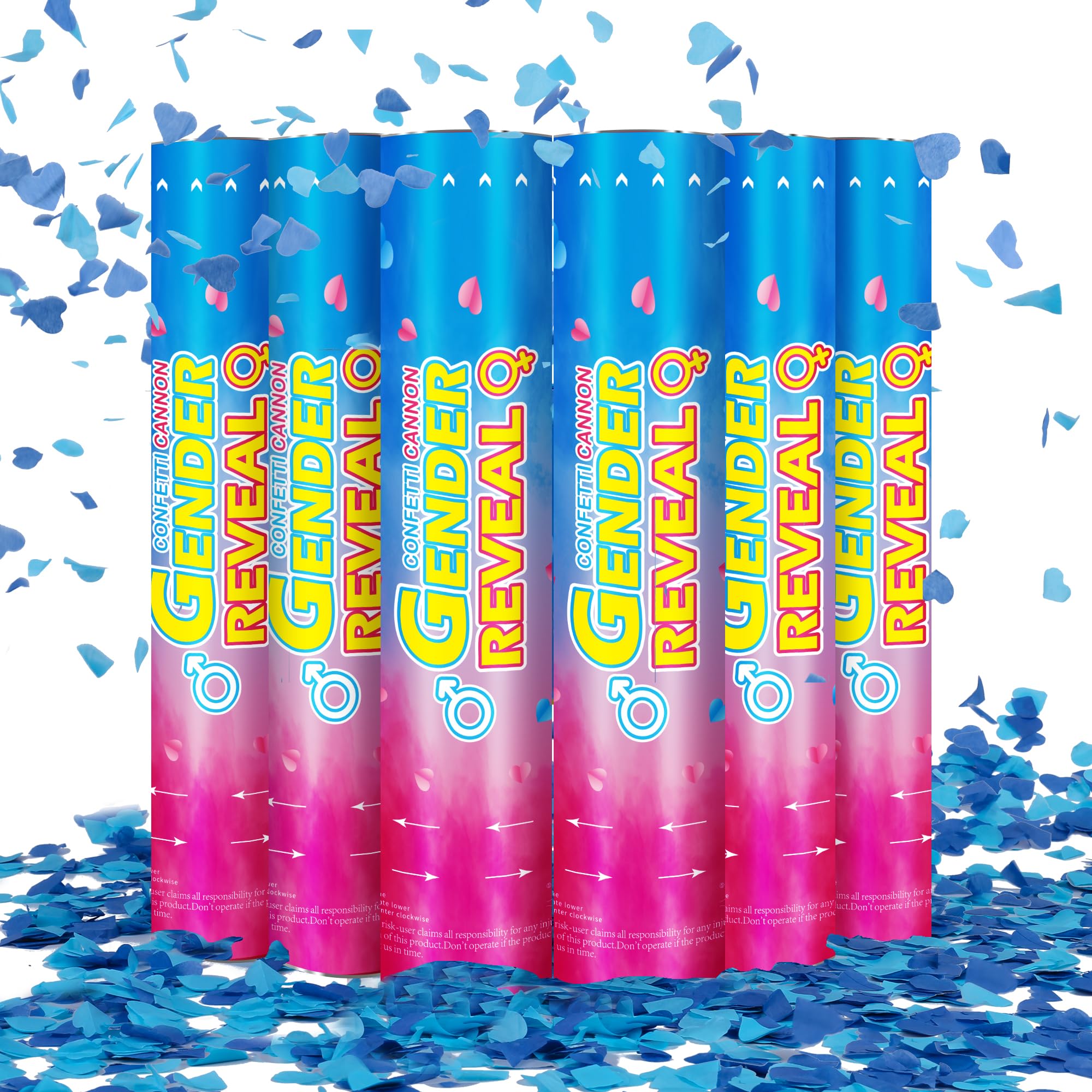 Gender Reveal Confetti Cannons – 6 Pack Blue Party Poppers – Baby Boy Gender Reveal Cannon Kit with Heart-Shaped Confetti – Easy Twist Shooters for