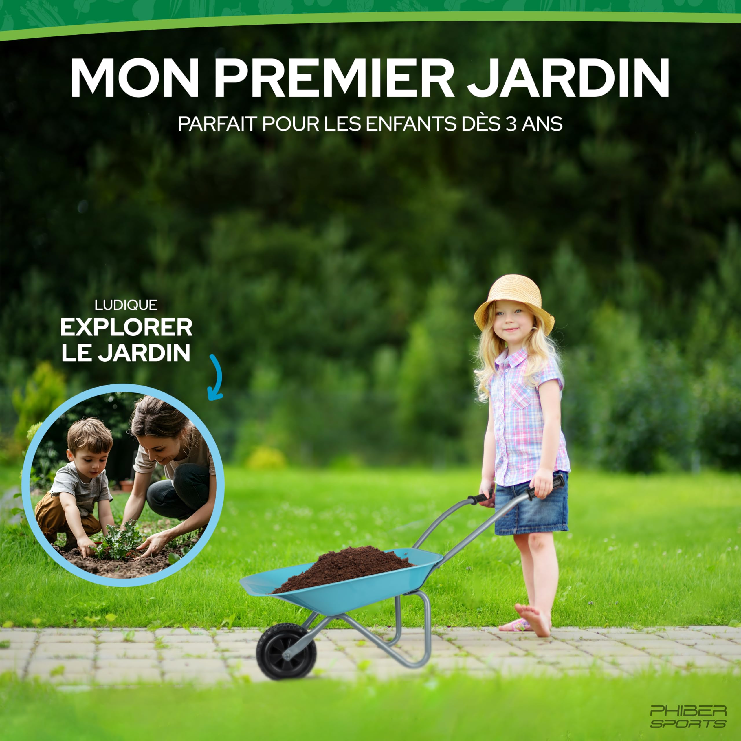 PHIBER-SPORTS Brouette pour enfants + outils de jardin en métal - Brouette avec pelle, balais, râteau à feuilles et autocollants pour enfants