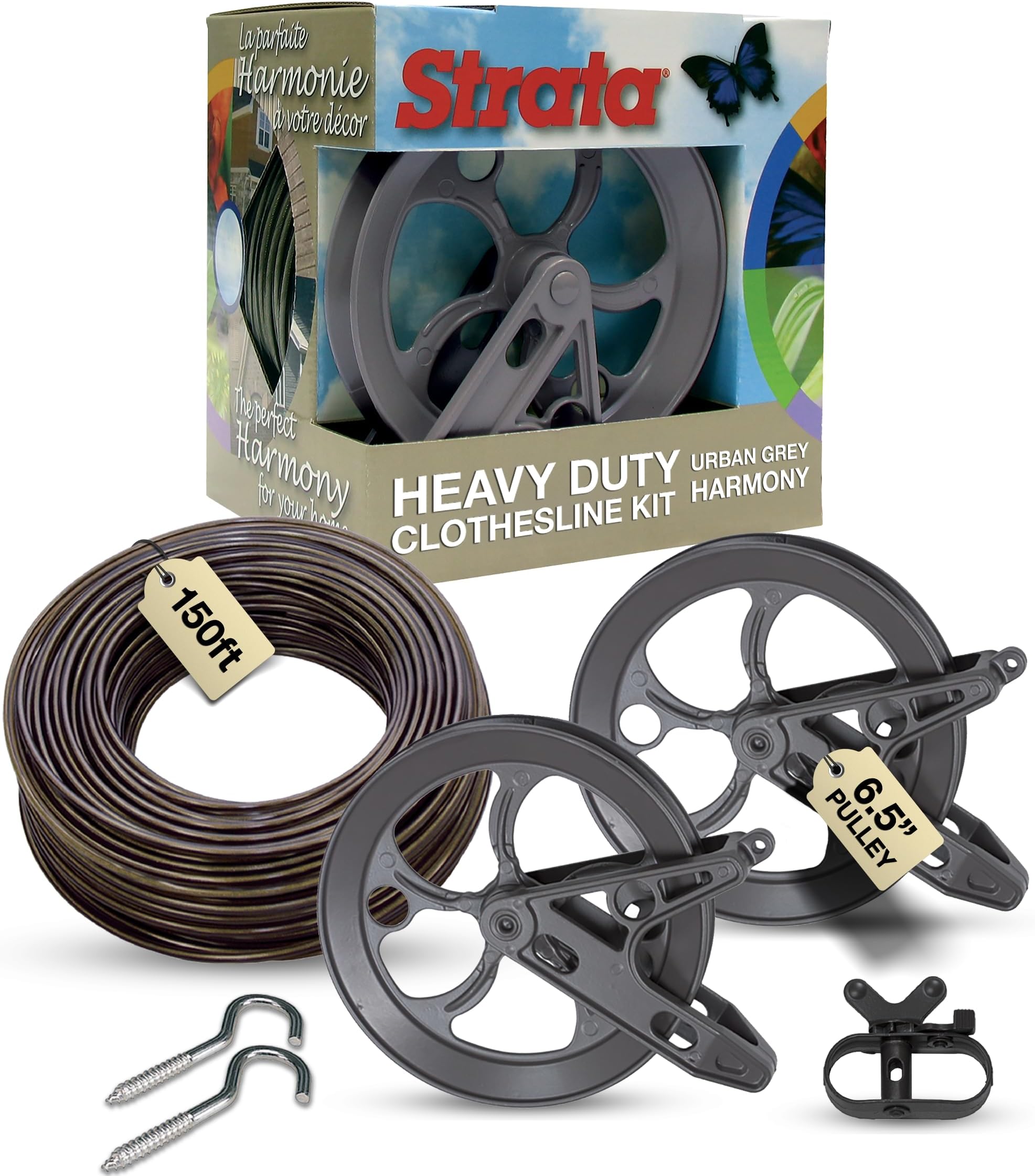 Strata Urban Grey Harmony Clothesline Outdoor Heavy Duty Kit - 150 Feet Galvanized Wire PVC Coating, 6.5" Clothes line Pulley 2pcs, Metal Mini Winch Tightener 1pc & 2 Metal Hooks