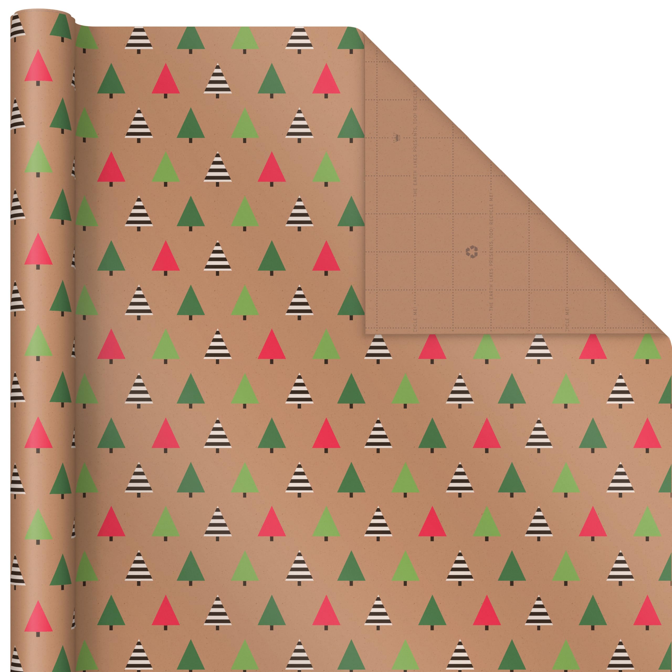 Hallmark Lot de 3 rouleaux de papier cadeau de Noël recyclable avec lignes de coupe au verso (90 m²) Marron avec Père Noël, arbres verts, rayures rouges