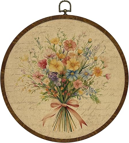 Arte de pared redondo enmarcado, decoración de pared floral de letras vintage, impresión en lienzo con diseño botánico de flores silvestres en