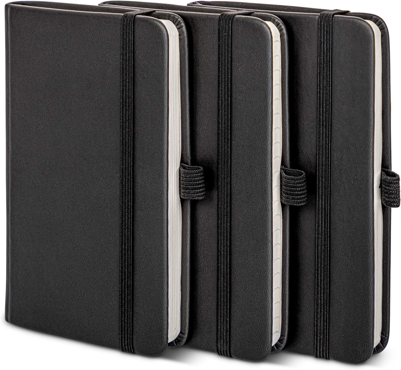 Pocket Notebook (3-Pack) Lined 120gsm, Small 3.5" x 5.5" Mini Note Pad, Black Tiny Hardcover Notebook with Pen Holder, Field Journal Notes, Memo Pad, Pockets, Thick Ruled/Lined Paper