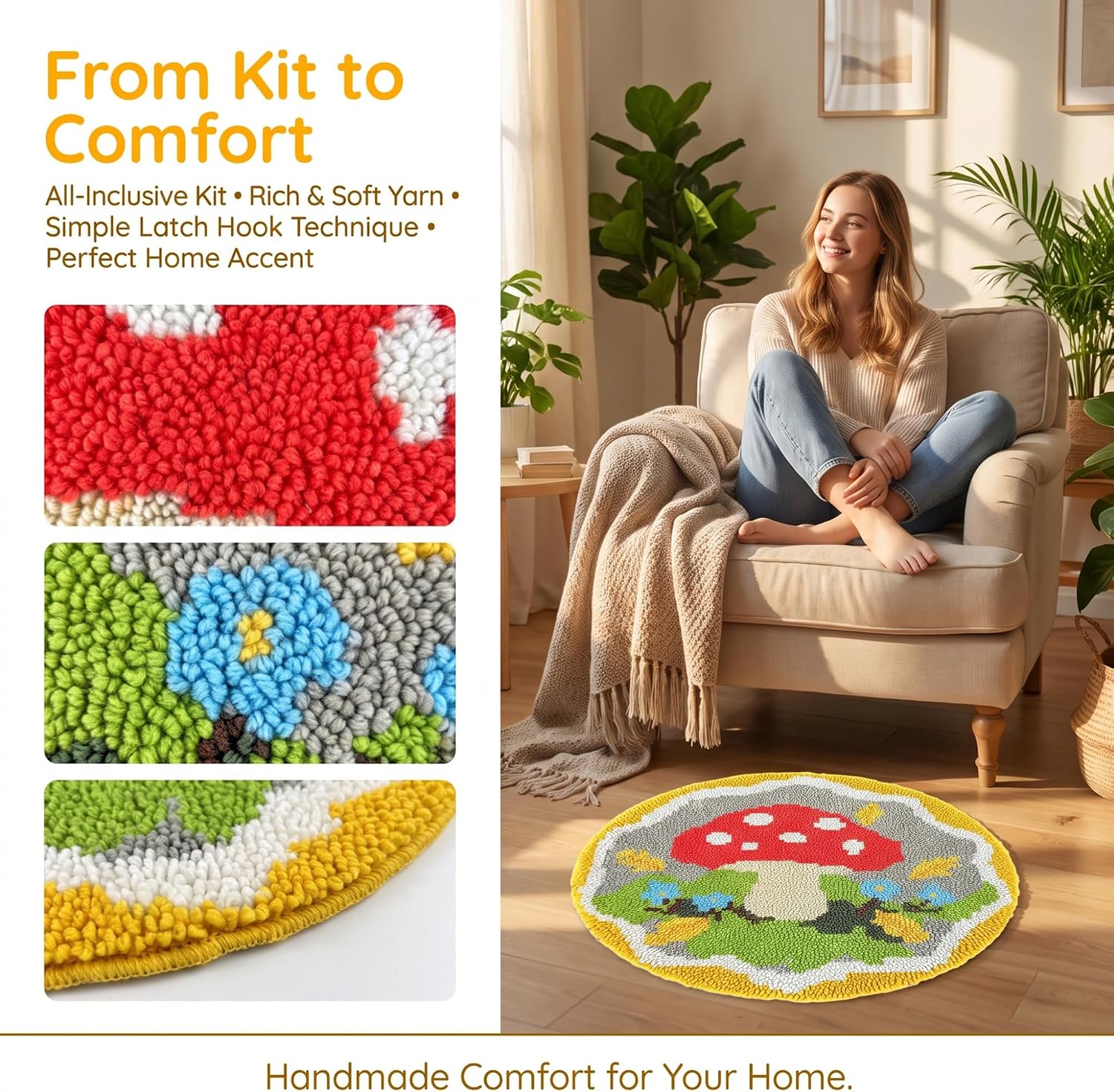 Latch Hook Rug Kit,20"x20" DIY Rug Making Latch Hook Craft Kit for Adult image 3