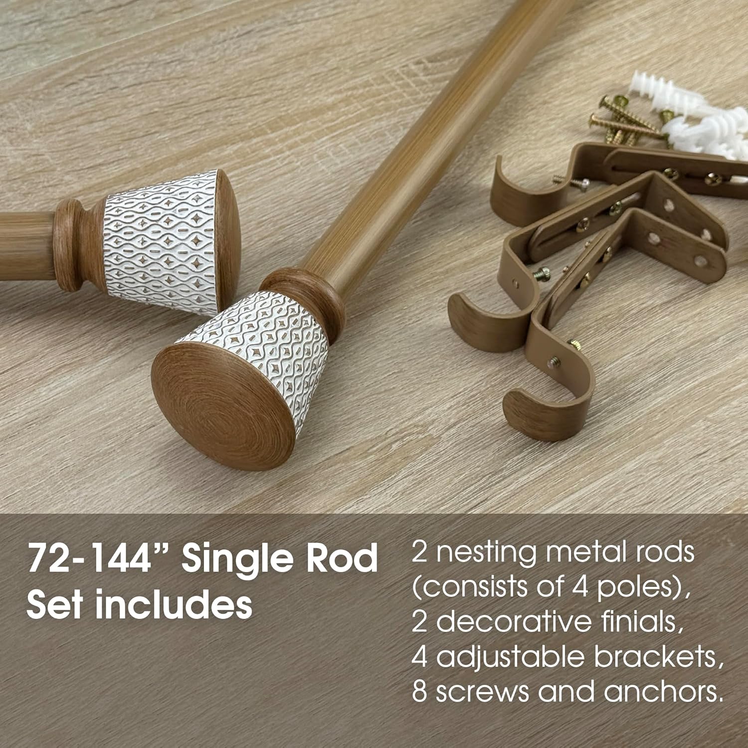 1-1/8 Inch Diameter Faux Wood Curtain Rods with Carved Lattice Finials, 72-144'' Telescoping Single Curtain Rods for window width 68-140 inch, 1 pack